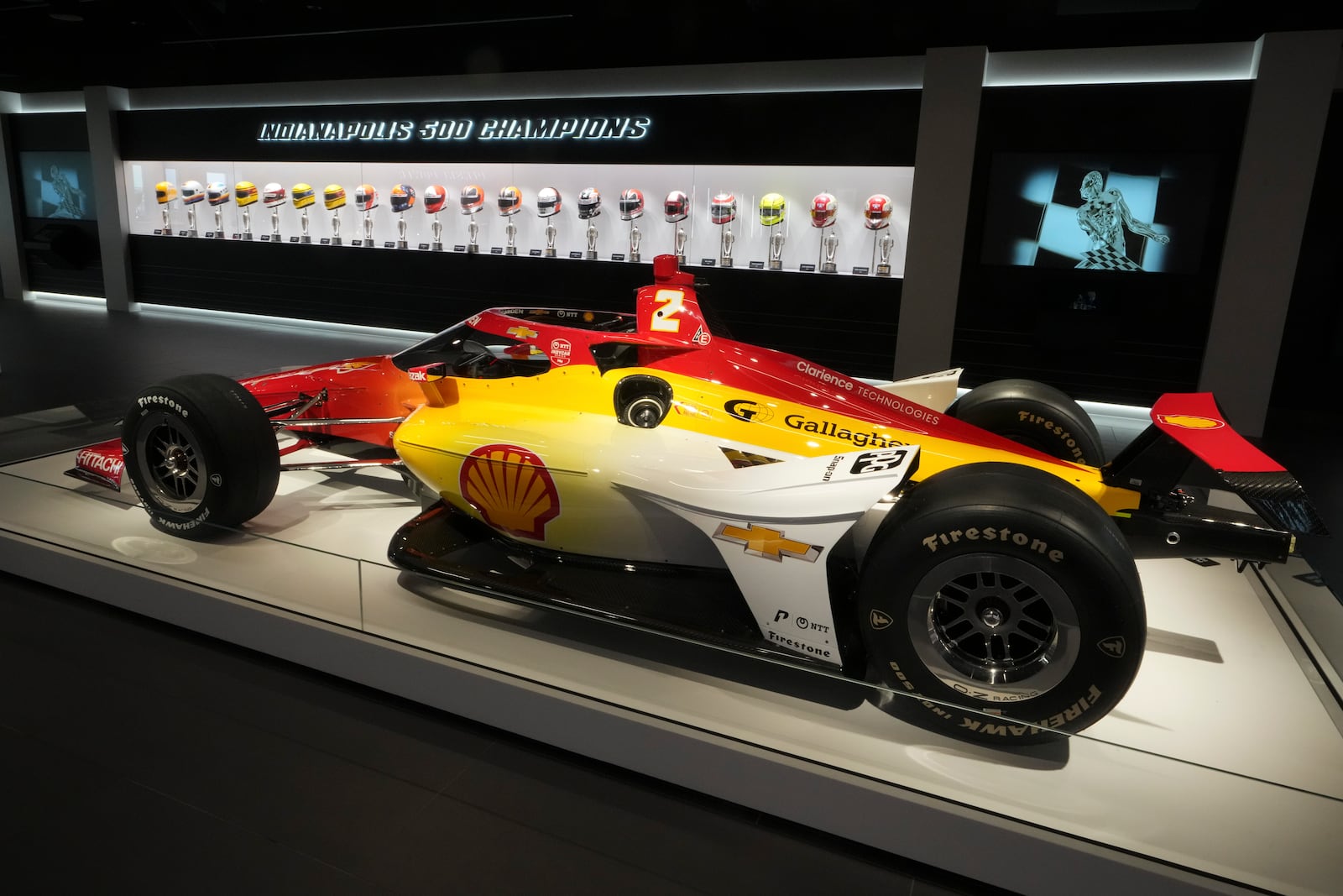 The winning car that Josef Newgarden drove to victory in the 2024 Indianapolis 500 is shown in the Indianapolis Motor Speedway Museum at the Indianapolis Motor Speedway in Indianapolis, Monday, May 19, 2025. (AP Photo/\Michael Conroy)