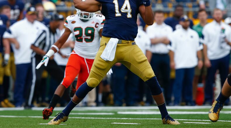 Former Notre Dame quarterback DeShone Kizer drops back to pass during an October 19, 2016 game against Miami at Notre Dame Stadium.