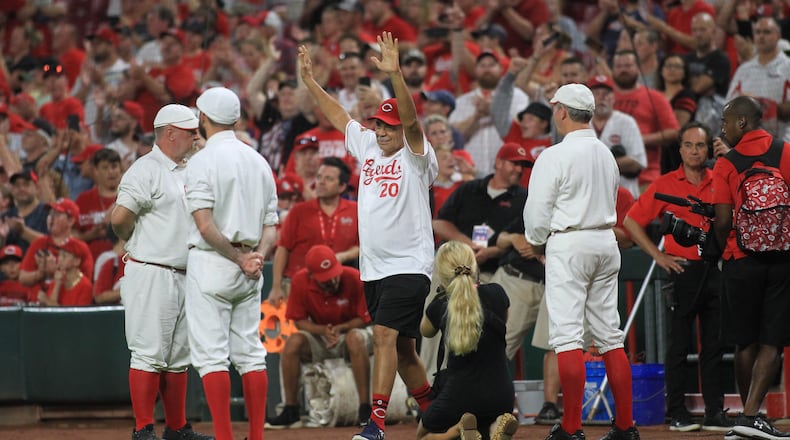 Cesar Geronimo is introduced before the Cincinnati Reds Legends Game on Friday, Aug. 27, 2021, at Great American Ball in Cincinnati. DAVID JABLONSKI/STAFF