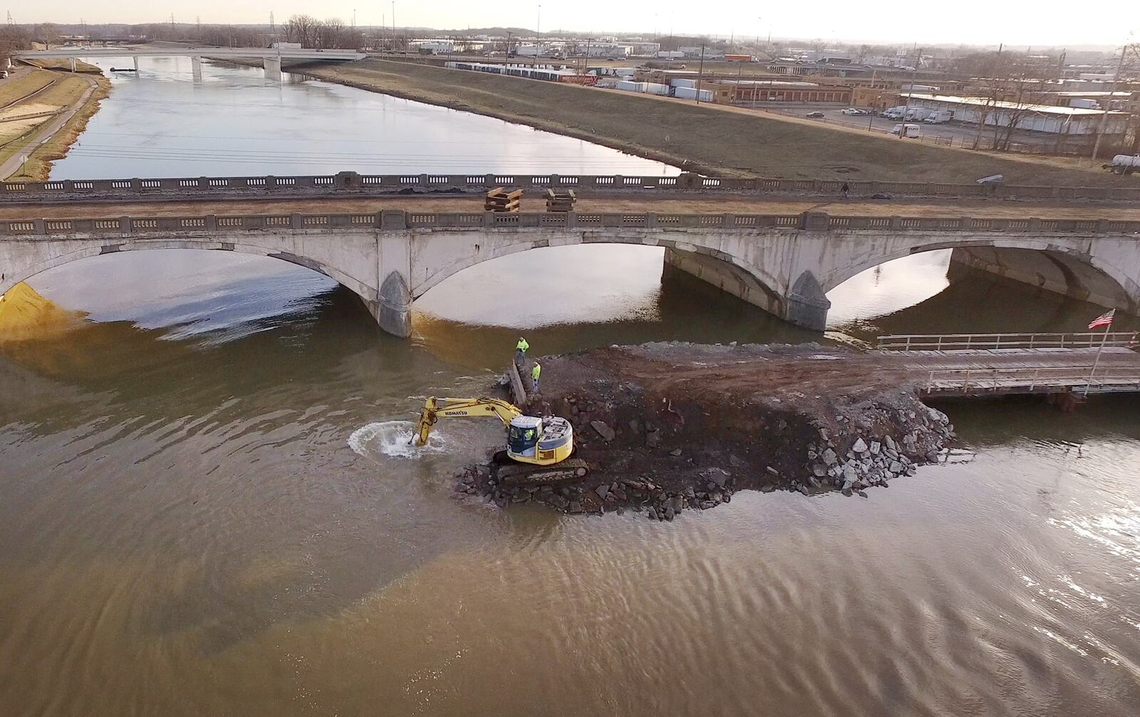 Contractors have built a temporary construction bridge next to the Keowee Street Bridge.  The bridge was closed to traffic in December and the Eagle Bridge Company is preparing to demolish the 81-year-old structure and rebuild a new bridge over the next two years.    TY GREENLEES / STAFF