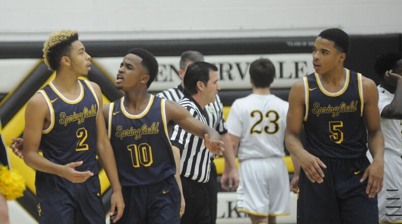 Springfield’s Jordan Howard (2), Michael Wallace and Raheim Moss. Centerville defeated visiting Springfield 50-48 in a boys high school basketball game on Friday, Feb. 2, 2018. MARC PENDLETON / STAFF