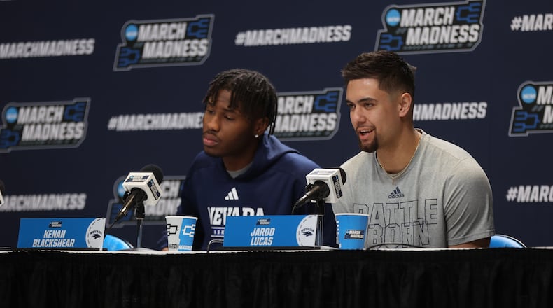 Nevada's Kenan Blackshear and Jarod Lucas talk at a NCAA tournament press conference on Wednesday, March 20, 2024, at the Delta Center in Salt Lake City, Utah. David Jablonski/Staff