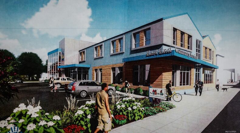 This is a rendering of the East End Community Services' new look from Xenia Ave. The center is raising money to build new hubs. JIM NOELKER/STAFF