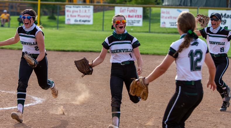 Greenville shortstop Savannah Leach (1) rushes to her teammates after catching a popup to end Friday's 9-0 district final victory over Hamilton Ross. She is joined by teammates Ashlyn Zimmer (2), Hannah Gartenman (19) and Alaina Baughn (12). Jeff Gilbert/CONTRIBUTED