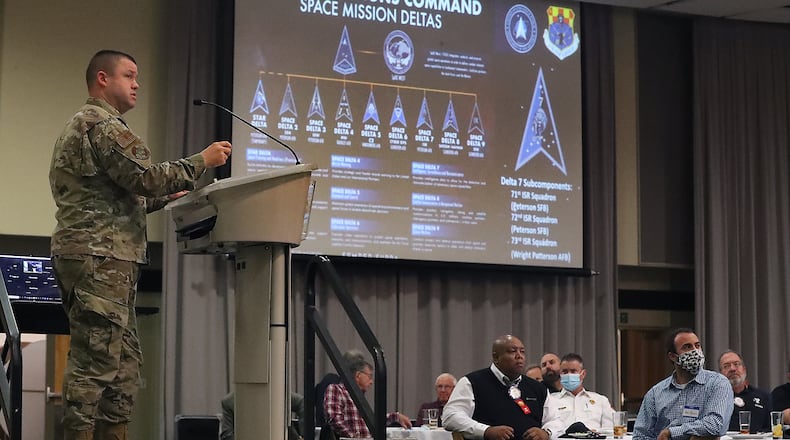 Lt. Col. John Kelch, ISR group commander for the 178th Fighter Wing, talks about Space Force at a 2021 Springfield Rotary Club meeting. BILL LACKEY/STAFF