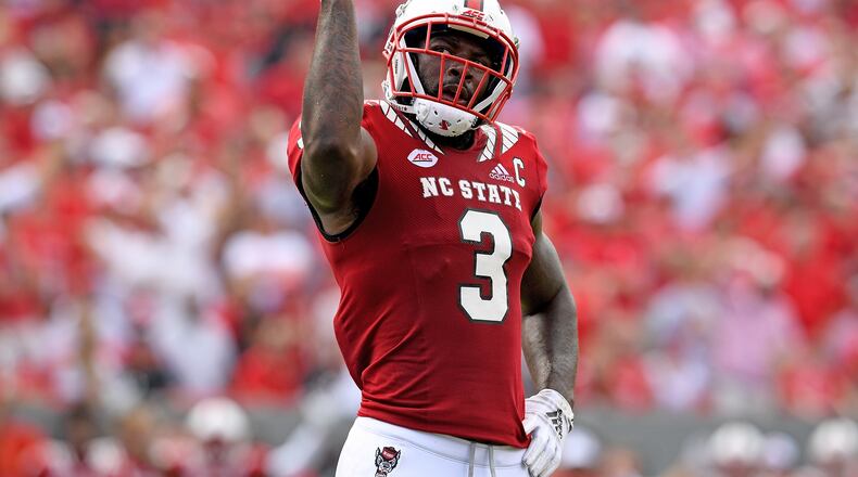 RALEIGH, NC - OCTOBER 06: Germaine Pratt #3 of the North Carolina State Wolfpack reacts after recoving a fumble by the Boston College Eagles during their game at Carter-Finley Stadium on October 6, 2018 in Raleigh, North Carolina. North Carolina State won 28-23. (Photo by Grant Halverson/Getty Images)