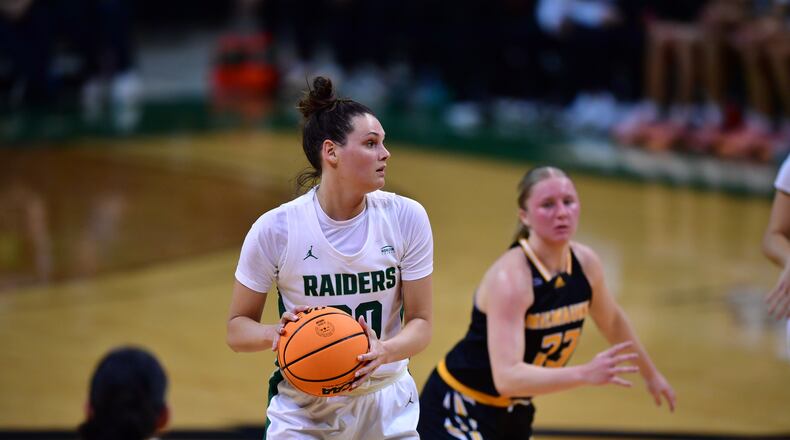Wright State's Layne Ferrell looks to make a pass during Thursday night's Horizon League quarterfinal vs. Milwaukee at the Nutter Center. Joe Craven/Wright State Athletics