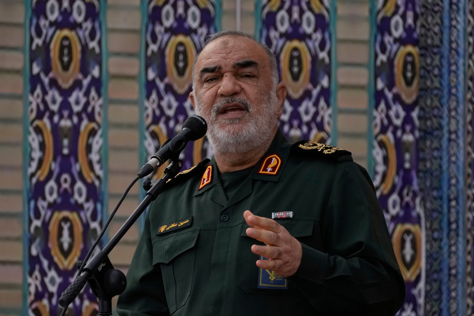 Chief of Iran's paramilitary Revolutionary Guard Gen. Hossein Salami speaks in a ceremony marking the first anniversary of the death of late Iranian President Ebrahim Raisi, who was killed in a helicopter crash in the country's northwest along with the foreign minister and several other officials, in Tehran, Iran, Thursday, May 15, 2025. (AP Photo/Vahid Salemi)