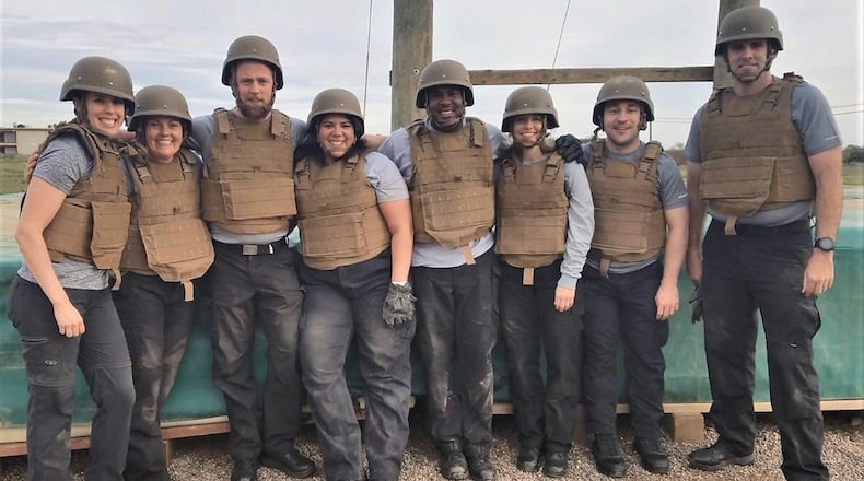 Air Force Materiel Command civilian Mary Kinney (second from left) completes an obstacle course during her participation in the Civilian Developmental Education Program’s Executive Leadership Development Program. More than 735 Air Force Materiel Command Civilian Airmen were selected for Academic Year 2020 Civilian Developmental Education opportunities, filling nearly 49% of the Air Force program allocations for the academic year. (Courtesy photo)