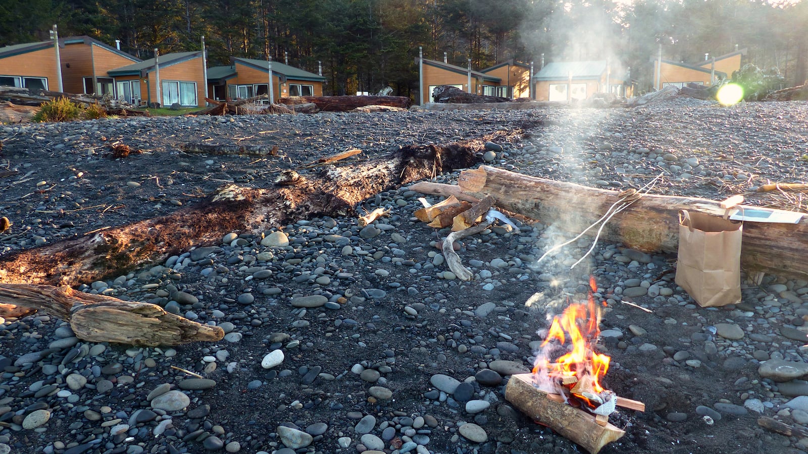 In front of the deluxe cabins at Quileute Oceanside Resort, a breakfast bonfire on First Beach is a good way to greet mornings. Get a $5 beach-fire permit and buy firewood at the resort office.  (BRIAN J. CANTWELL/SEATTLE TIMES/TNS)