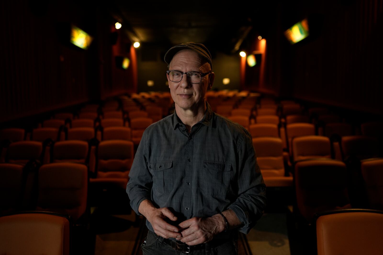 Steve Bognar, Oscar-winning documentarian, is photographed at the Little Art Theatre in Yellow Springs, Ohio, on Monday, April 29, 2024. When the Little Art When the Little Art Theatre set out to land a $100,000 grant to fund a stylish new marquee, the cozy arthouse theater had some talented help. Bognar lives in Yellow Springs, the bohemian Ohio town where the theater's a downtown fixture. (AP Photo/Carolyn Kaster)