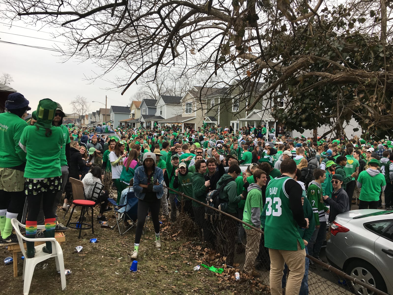 Police in riot gear dispersed a large crowd that gathered on Lowes Street in Dayton during St. Patrick’s Day celebrations Saturday March 17, 2018. Steve Maguire/Staff