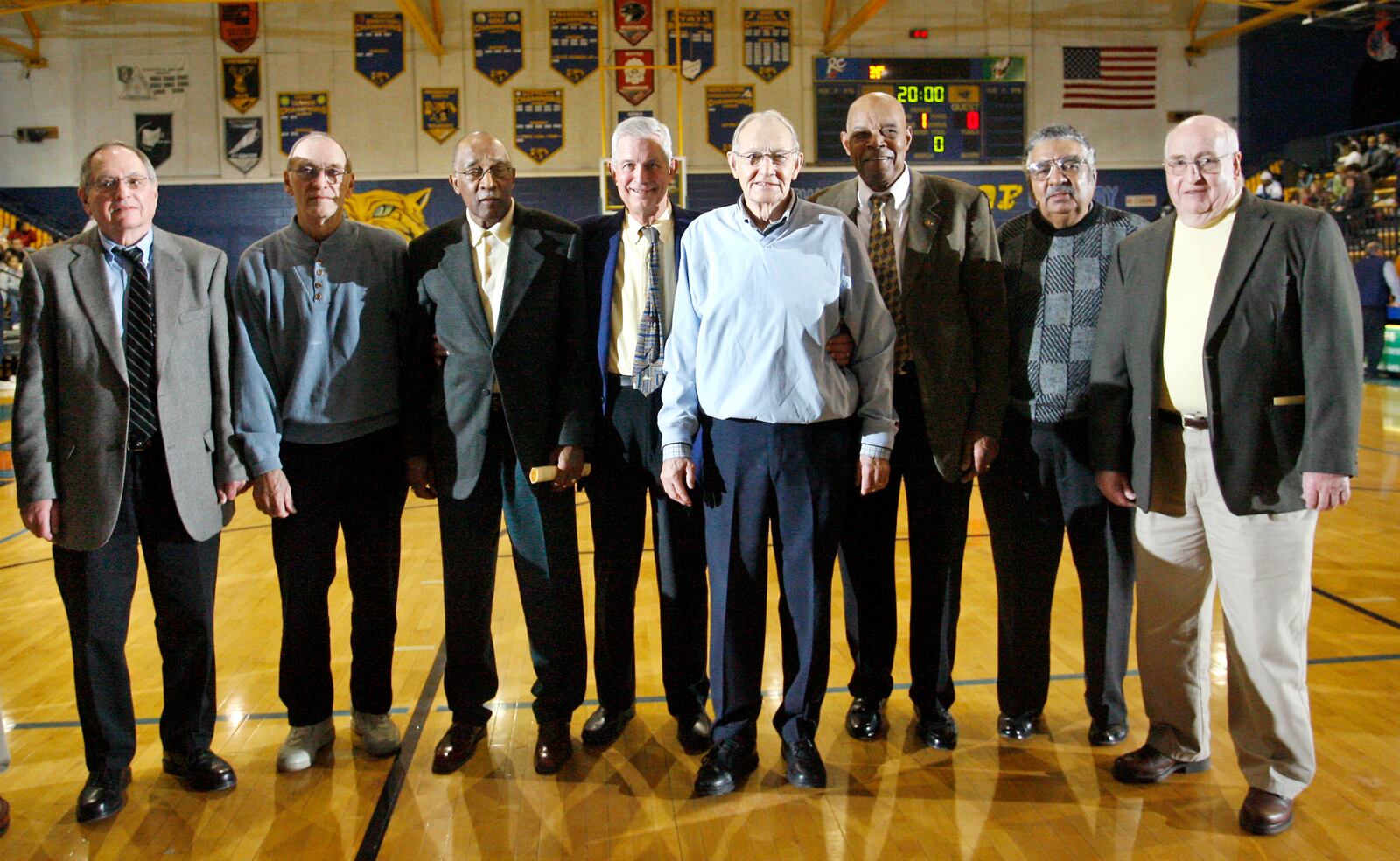 Surviving members of the 1950 Springfield High School state championship boys basketball team were honored in 2008 at the South Hall of Fame induction ceremony.  From left, Richard Freed, Bill McKaig, Bob Hutchins, Bill Goettman, Earl Fritts, Crystal "Boo" Ellis, Robert Bronston, and Joe Cahoon.
Staff Photo by Barbara J. Perenic