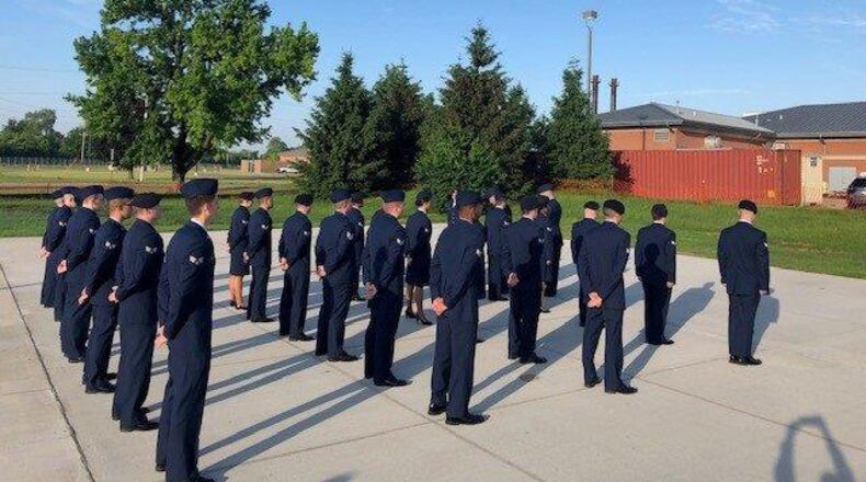 Airman Leadership School class 19-E stands at parade rest in preparation for their service dress uniform inspection. (Courtesy photo)