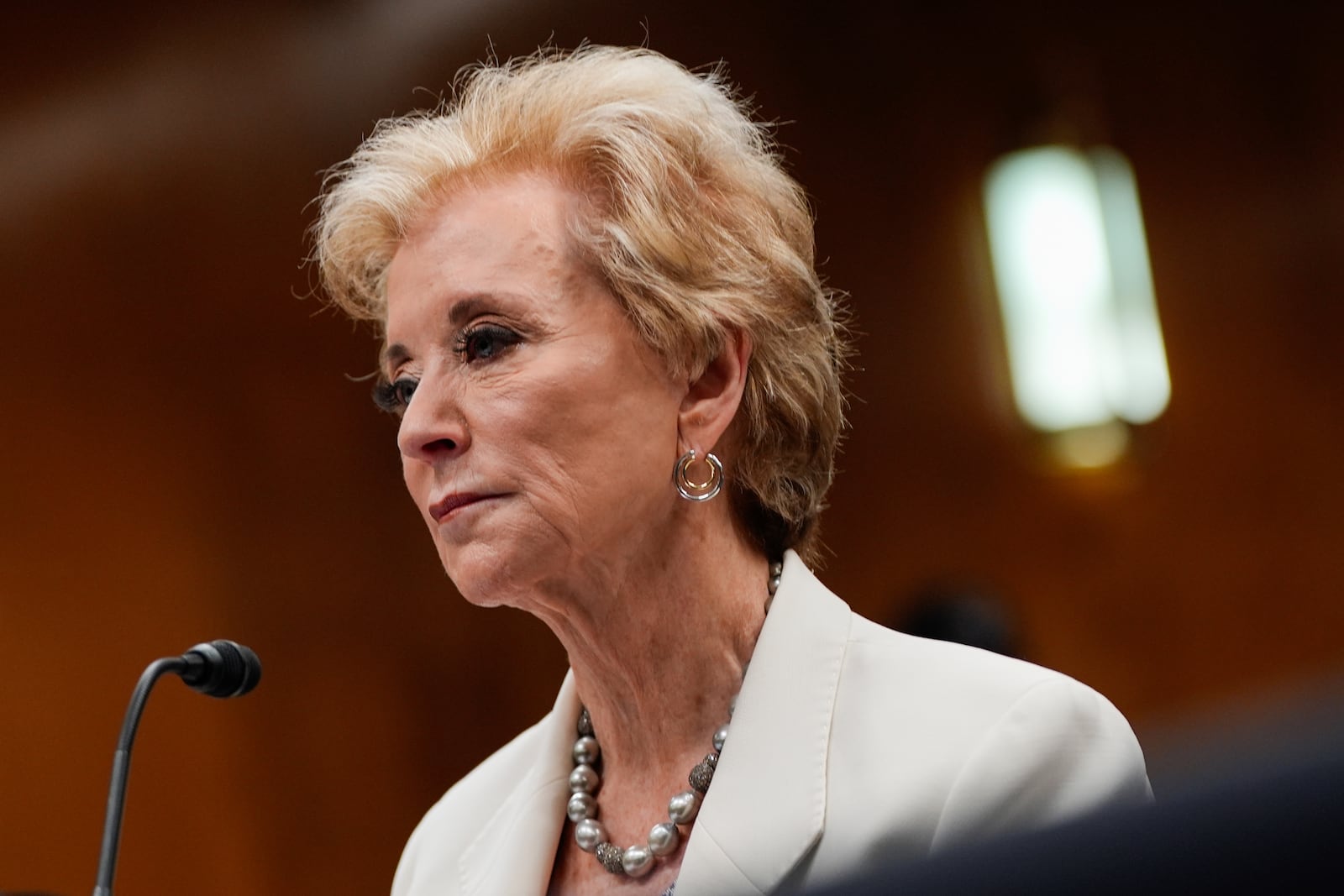 Education Secretary Linda McMahon listens to Senators speak during a Senate Appropriations hearing, Tuesday, June 3, 2025, on Capitol Hill in Washington. (AP Photo/Julia Demaree Nikhinson)