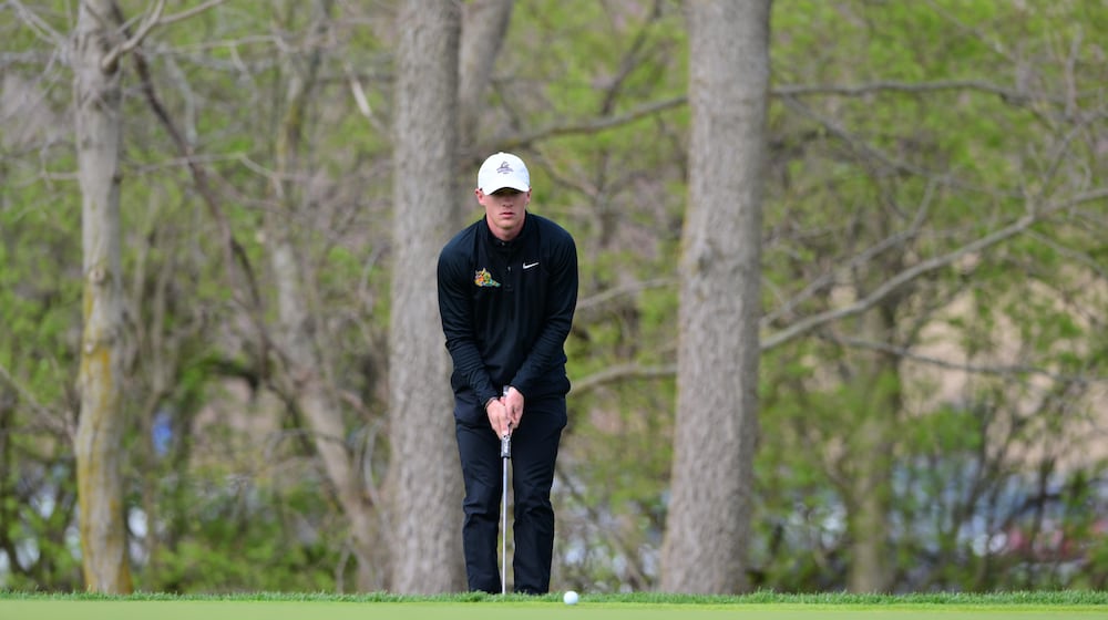 Wright State golfer Shane Ochs reads a green during the Wright State Invitational on April 13, 2025 at Heatherwood Golf Club in Springboro. Joe Craven/CONTRIBUTED PHOTO
