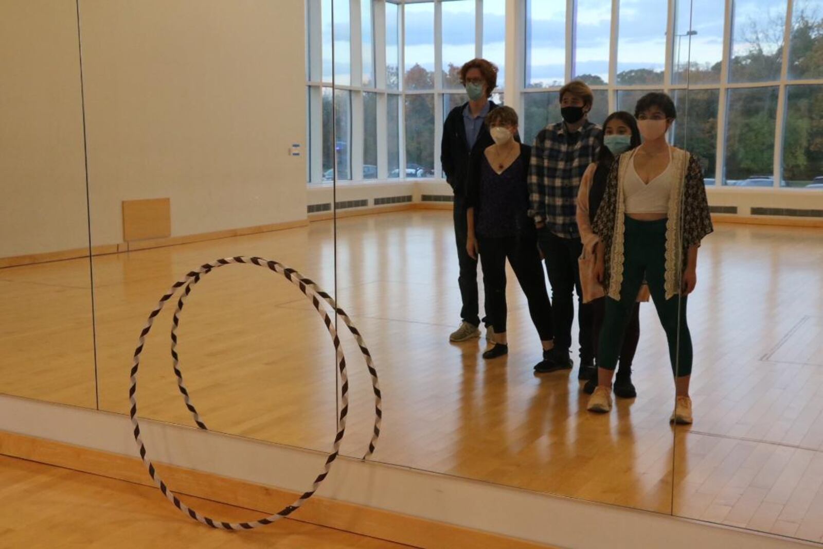 Left to Right: Mikey Fried (James), Mady McCabe (Marty), Branden Fisher (Schultz), Andrea Gutierrez (Lauren) and Annika Whetstone (Theresa) in Wright State's production of "Circle Mirror Transformation."