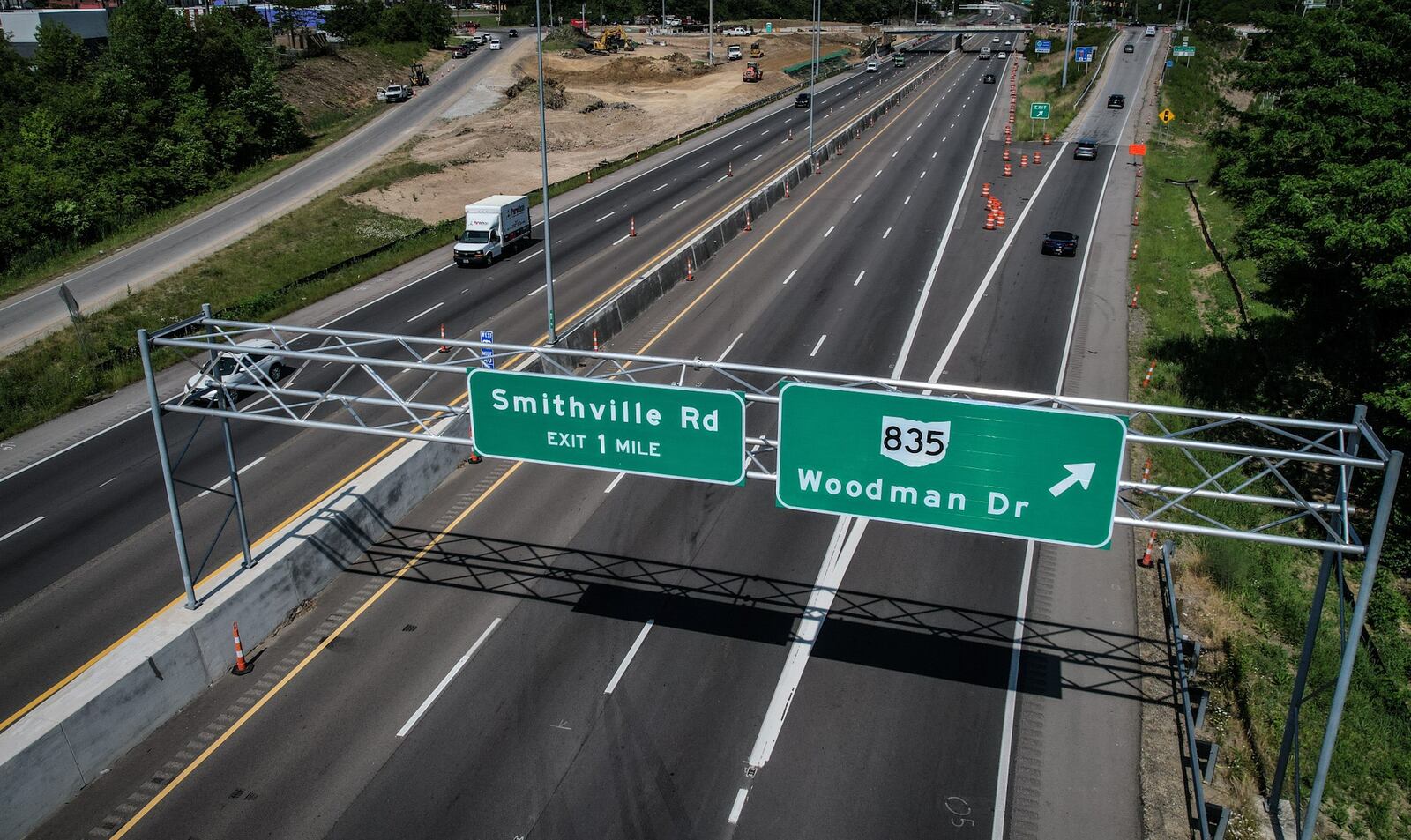 The entrance ramp from Woodman Drive to U.S. 35 eastbound (top left of photo) is closed Sept. 11-13 as part of the $10.3 million interchange project. JIM NOELKER/STAFF