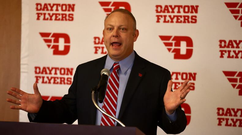 Trevor Andrews speaks at a press conference where he was introduced as Dayton head football coach on Wednesday, Dec. 14, 2022, at UD Arena. David Jablonski/Staff