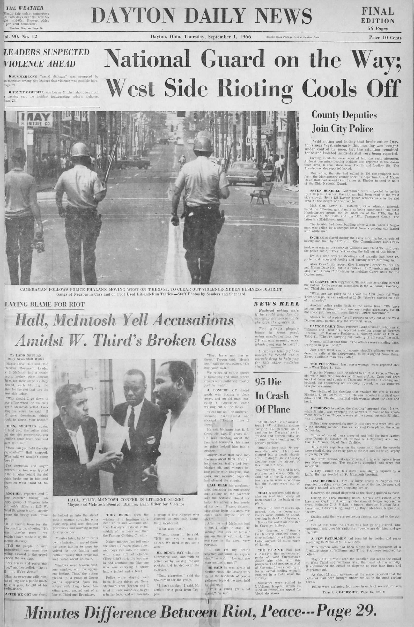 September 1, 1966:  The front page of the Dayton Daily News covering the riots in West Dayton of 1966.