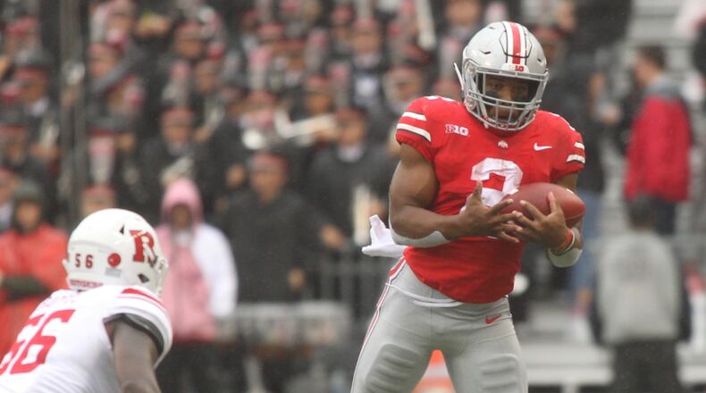 Ohio State’s J.K. Dobbins makes a catch against Rutgers on Saturday, Sept. 8, 2018, at Ohio Stadium in Columbus. David Jablonski/Staff