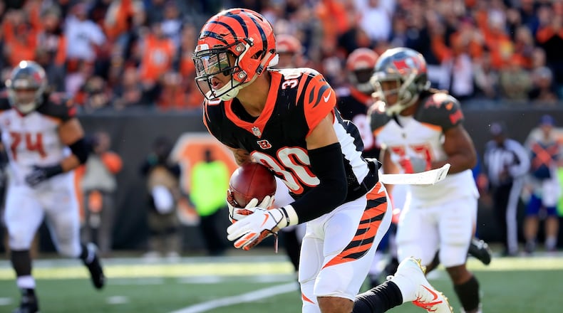 CINCINNATI, OH - OCTOBER 28:  Jessie Bates #30 of the Cincinnati Bengals returns an interception for a touchdown during the third quarter of the game against the Tampa Bay Buccaneers at Paul Brown Stadium on October 28, 2018 in Cincinnati, Ohio. (Photo by Andy Lyons/Getty Images)