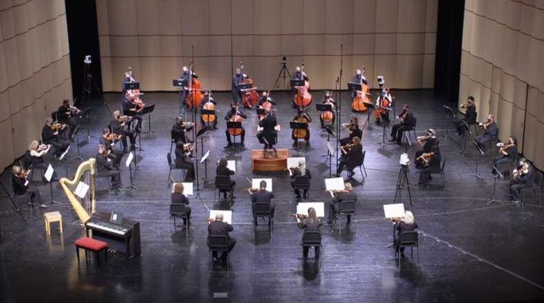 The Dayton Philharmonic Orchestra returns to live in-theatre performance Jan. 23 at the Schuster Center. This photo shows the DPO sitting in a new, socially distanced configuration. CONTRIBUTED