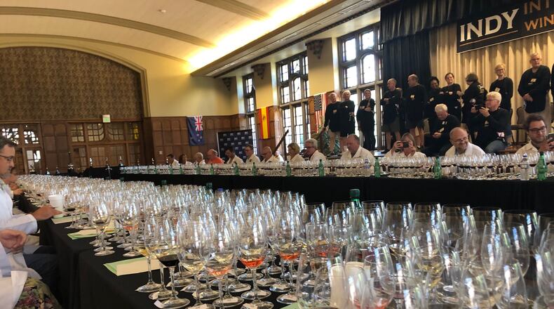 Judges prepare to evaluate wines in the 2019 Indy International Wine Competition "Best of Show" taste-off on May 23, 2019.