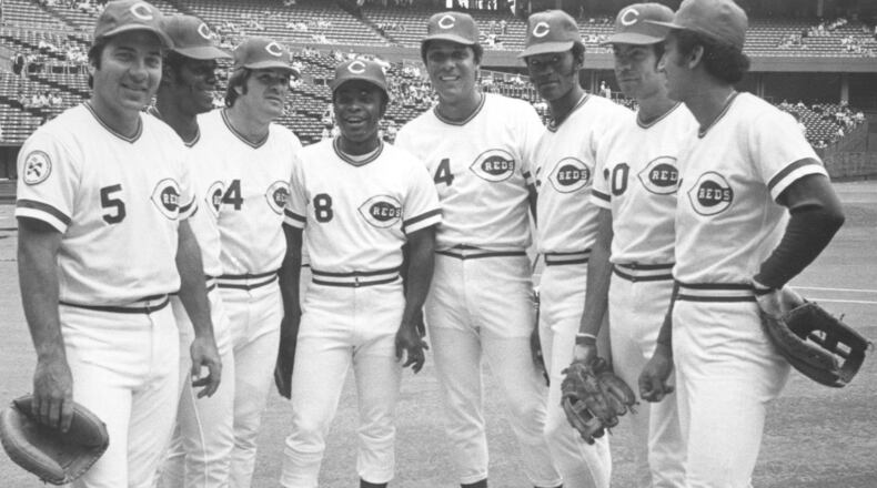 Cincinnati Reds Big Red Machine (left to right) Johnny Bench, Ken Griffey, Pete Rose, Joe Morgan, Tony Perez, George Foster, Cesar Geronimo, Dave Concepcion.  DDN FILE
