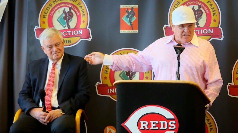 Cincinnati Reds great Pete Rose talks about being inducted to the Reds Hall of Fame during an announcement at Great American Ballpark, Tuesday, Jan. 19, 2016. GREG LYNCH / STAFF