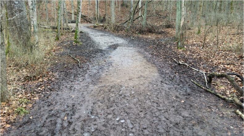 Glen Helen trails be closed at least through the weekend to prevent the widening of trails due to people going off trail to avoid mud. GLEN HELEN PHOTO