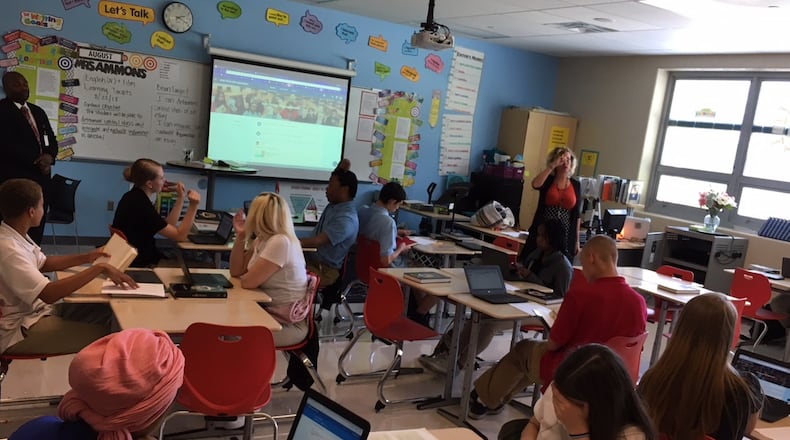 Belmont High School English language arts teacher Brooke Ammons explains an assignment to students during the second week of the school year, Aug. 23, 2018. JEREMY P. KELLEY / STAFF