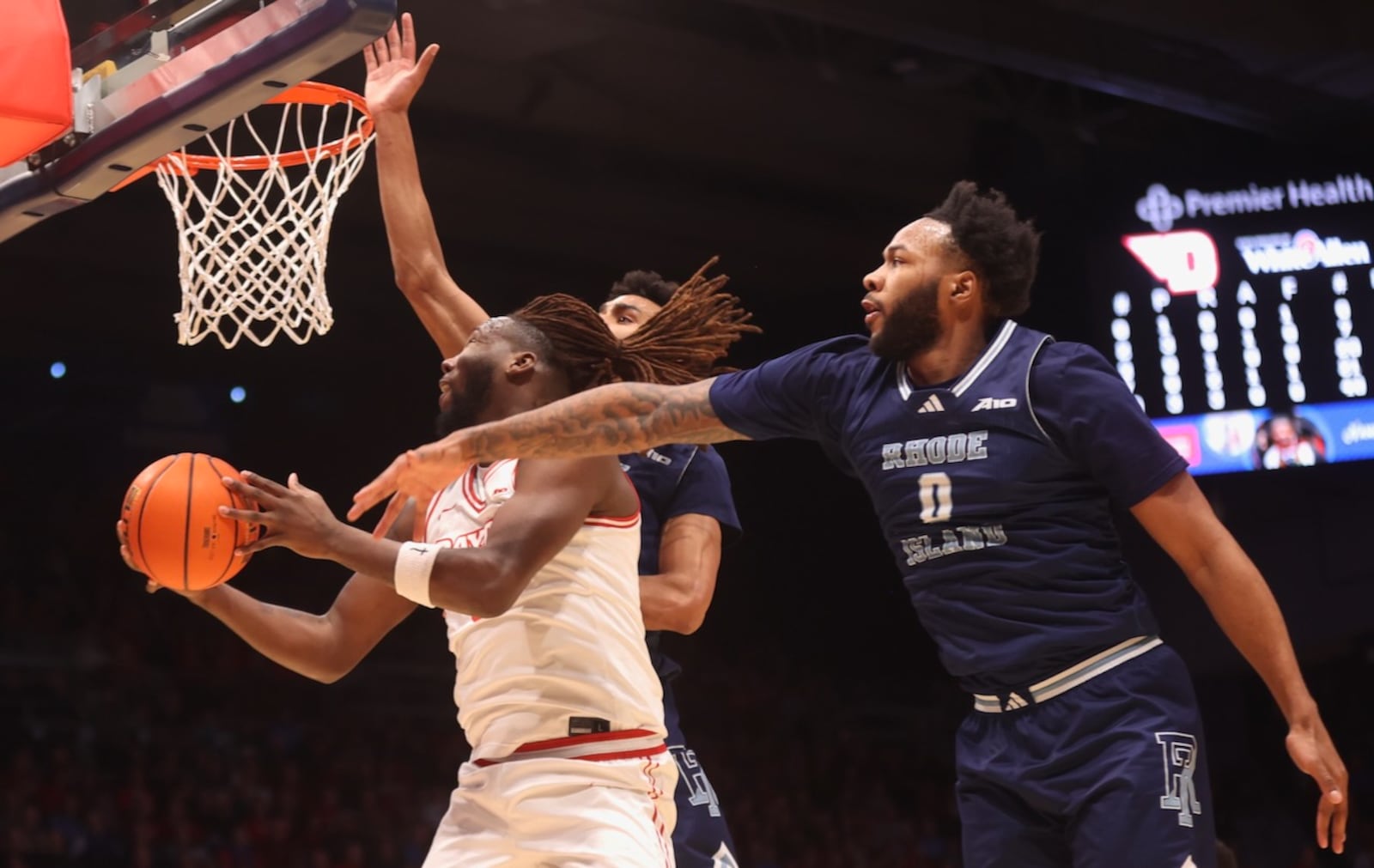 Dayton's Jaiun Simon scores in the first half against Rhode Island on Tuesday, Jan. 27, 2026, at UD Arena. David Jablonski/Staff