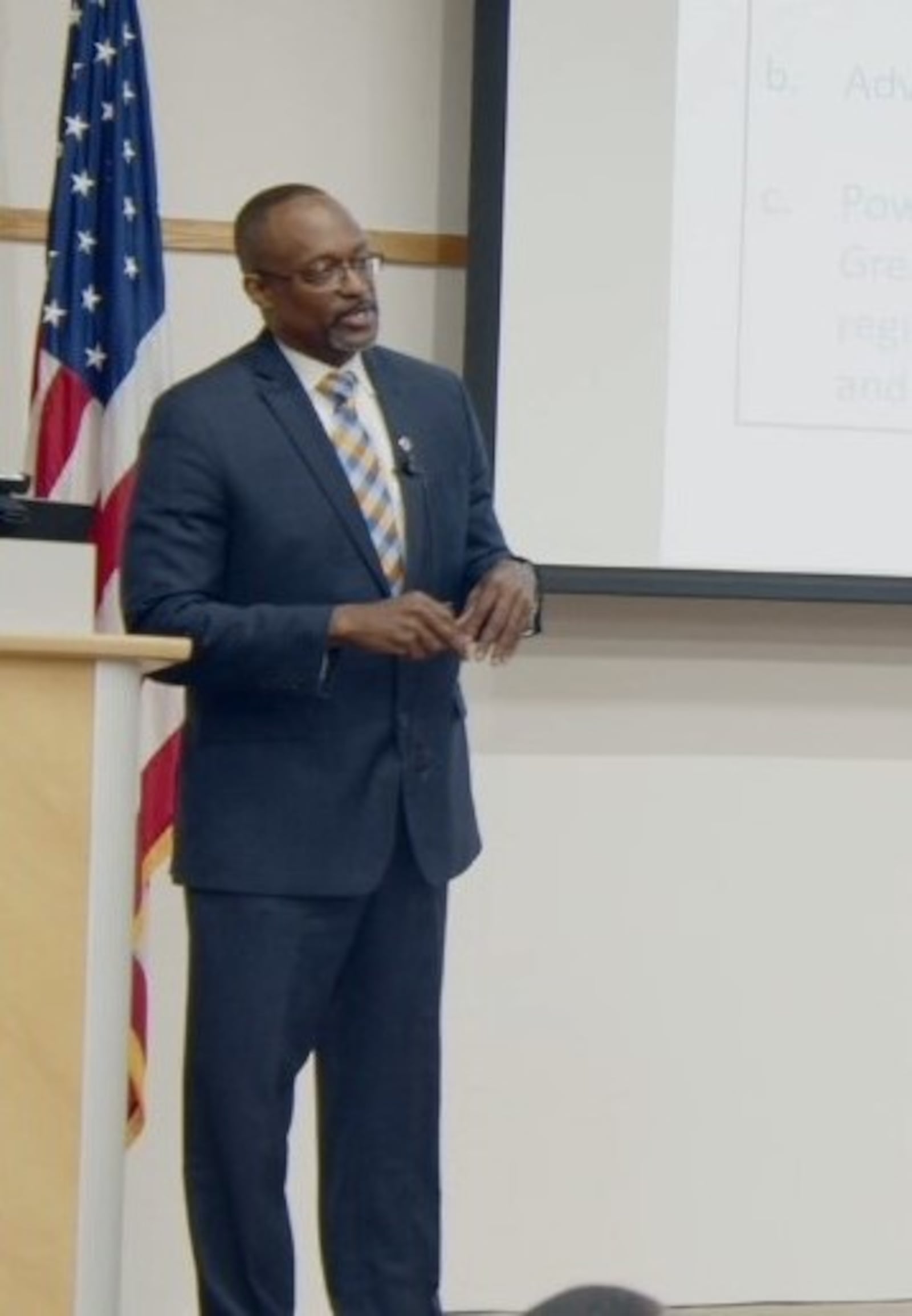 Evon Walters, one of three finalists as the next Clark State College president, presented during an open forum about future opportunities and potential improvements for student success.