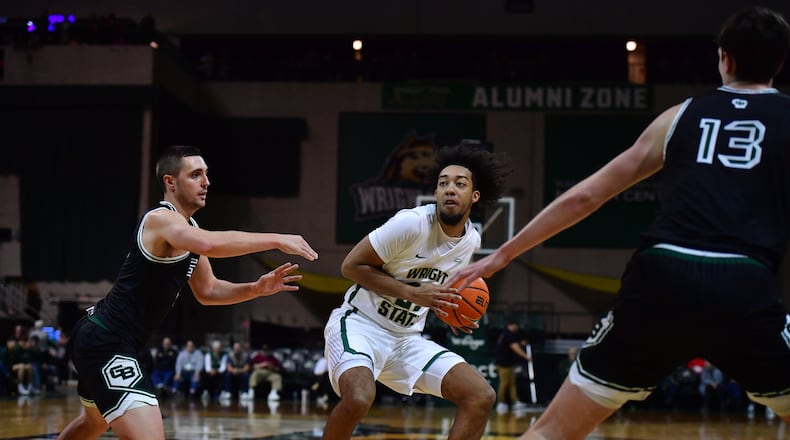 Wright State's Logan Woods looks to make a pass against Green Bay during a game at the Nutter Center on Jan. 2, 2025. Joe Craven/Wright State Athletics photo
