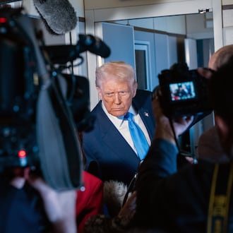 President Donald Trump speaks to the press as he traveled aboard Air Force One to South Korea for an economic summit, on Wednesday, Oct. 29, 2025. The Trump administration says it has plenty of other options to impose tariffs, if the court rules against the president. (Haiyun Jiang/The New York Times)