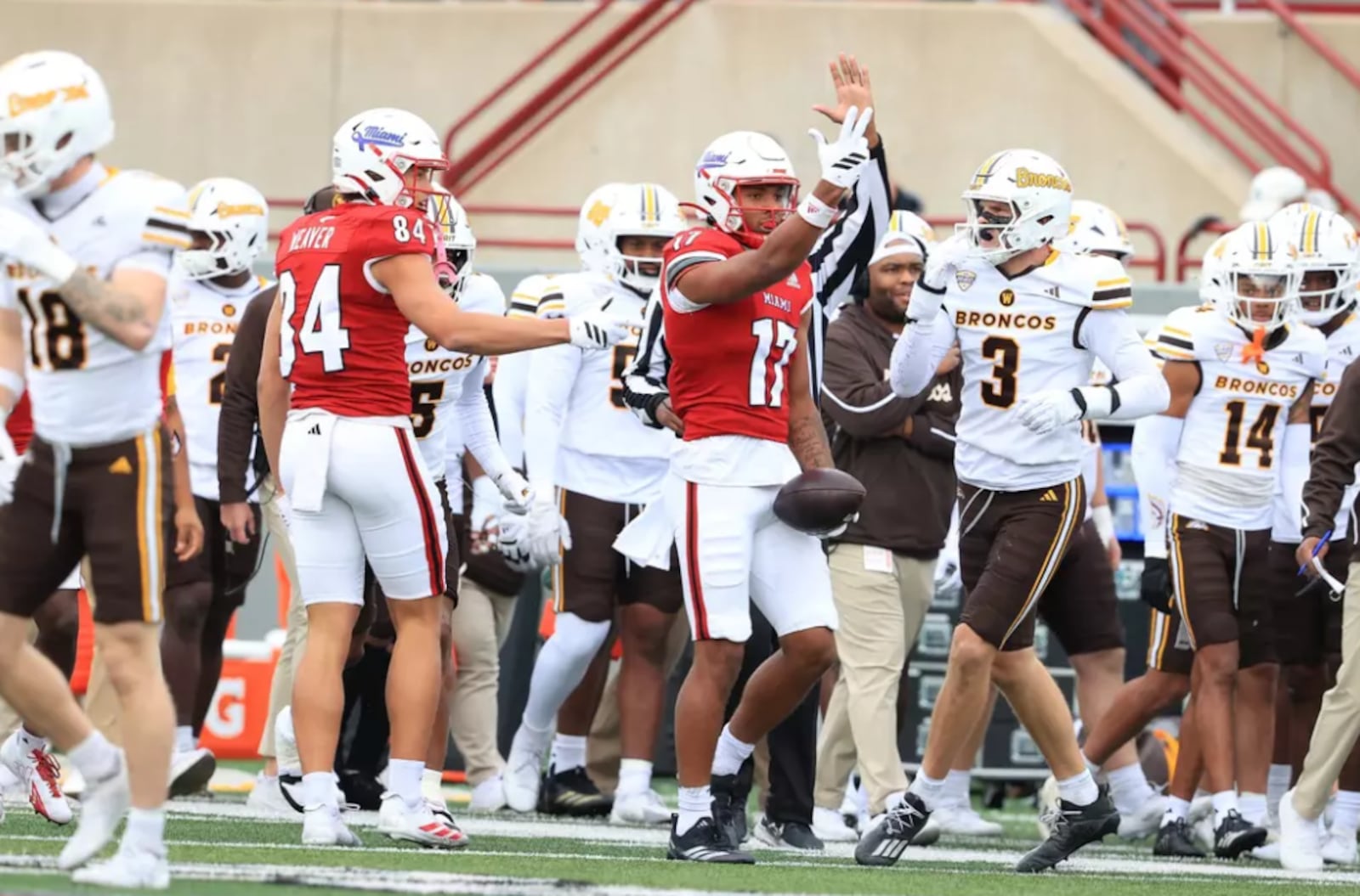 Miami's Braylon Isom signals for a first down after catching a pass against Western Michigan in a recent game at Yager Stadium. MIAMI ATHLETICS PHOTO