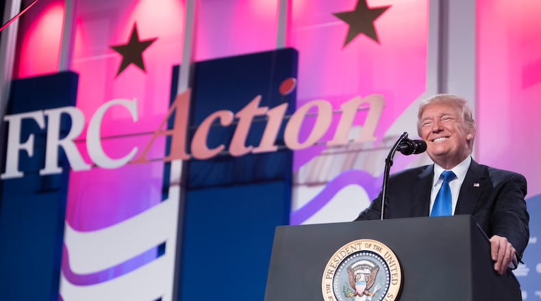 President Donald Trump speaks at the Value Voters Summit at the Omni Shoreham Hotel in Washington, Oct. 13, 017. (Tom Brenner/The New York Times)