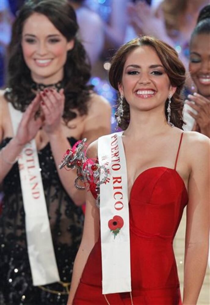Miss Puerto Rico Amanda Perez, reacts as she is announced third at the Miss World competition