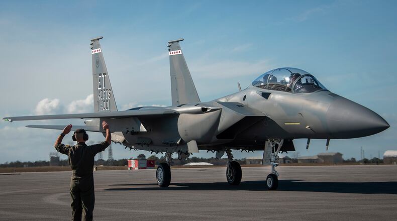 The F-15EX, the Air Force’s newest fighter aircraft, arrives at Eglin Air Force Base, Fla. March 11. The aircraft will be the first Air Force aircraft to be tested and fielded from beginning to end through combined developmental and operational tests. The 40th Flight Test Squadron and the 85th Test and Evaluation Squadron personnel are responsible for testing the aircraft. U.S. AIR FORCE PHOTO/SAMUEL KING JR.