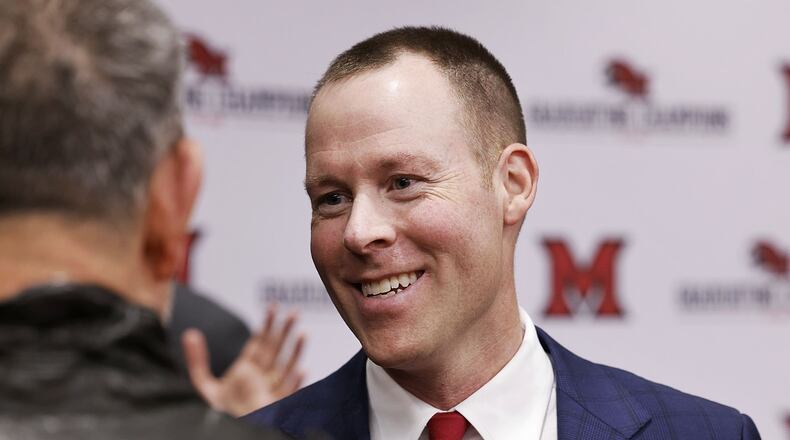 Travis Steele was announced as the new Miami University Redhawks men's basketball coach during a press conference Friday, April 1, 2022 at the Randy Gunlock Family Athletic Center on the Miami University campus in Oxford. NICK GRAHAM/STAFF