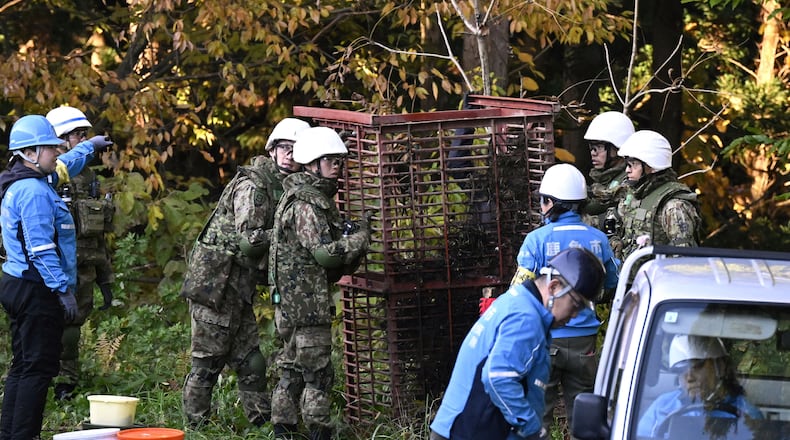 Japan Ground Self-Defense Force members and others set up a box trap to capture bears in Kazuno, Akita prefecture, northern Japan Wednesday, Nov. 5, 2025. (Muneyoshi Someya/Kyodo News via AP)