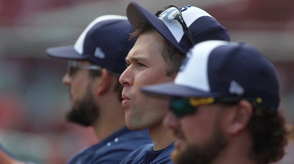 Padres reliever Craig Stammen watches batting practice before a game against the Reds on Tuesday, Aug. 8, 2017, at Great American Ball Park in Cincinnati. David Jablonski/Staff