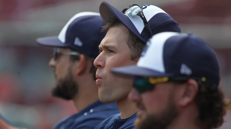Padres reliever Craig Stammen watches batting practice before a game against the Reds on Tuesday, Aug. 8, 2017, at Great American Ball Park in Cincinnati. David Jablonski/Staff
