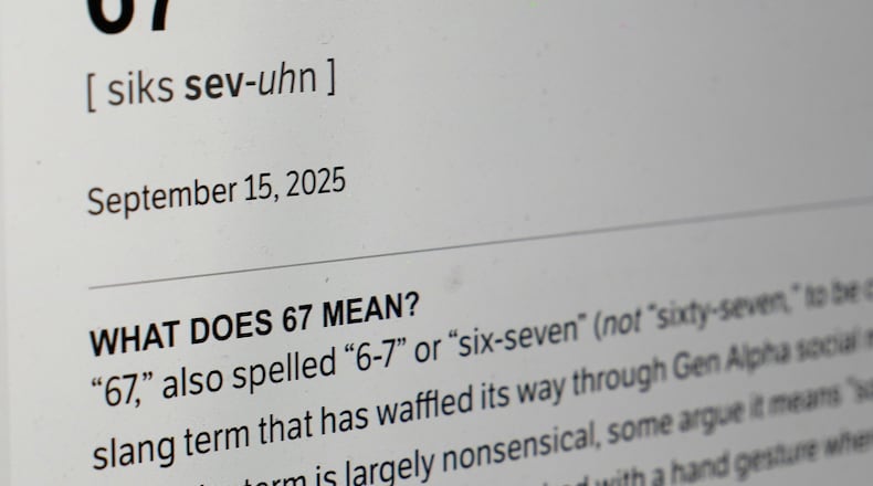 This Dictionary.com page shows the newest word of the year "6-7" on a computer screen, Thursday, Oct. 30, 2025, in Chicago. (AP Photo/Kiichiro Sato)