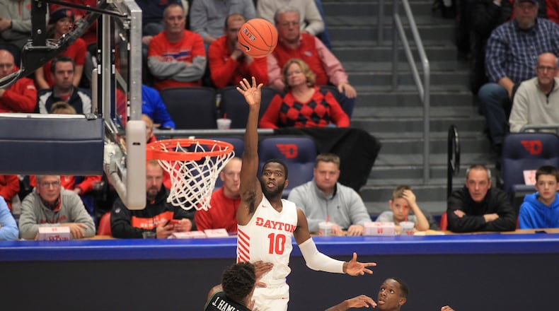 Dayton's Jalen Crutcher scores against North Texas on Tuesday, Dec. 17, 2019, at UD Arena.