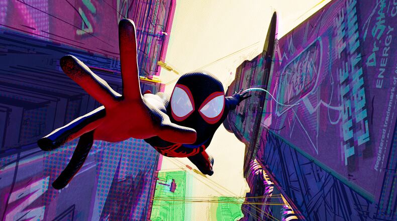 This image released by Sony Pictures Animation shows Miles Morales as Spider-Man, voiced by Shameik Moore, in a scene from Columbia Pictures and Sony Pictures Animation's "Spider-Man: Across the Spider-Verse." (Sony Pictures Animation via AP)