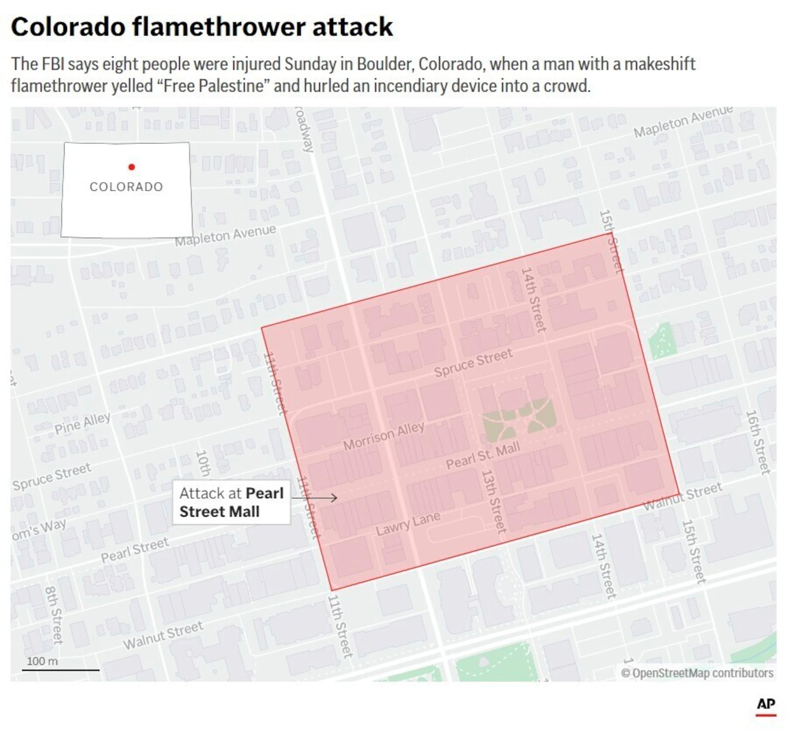 The map above highlights Pearl Street Mall in Boulder, Colorado, where a man with a makeshift flamethrower yelled “Free Palestine” and hurled an incendiary device into a crowd. (AP Digital Embed)