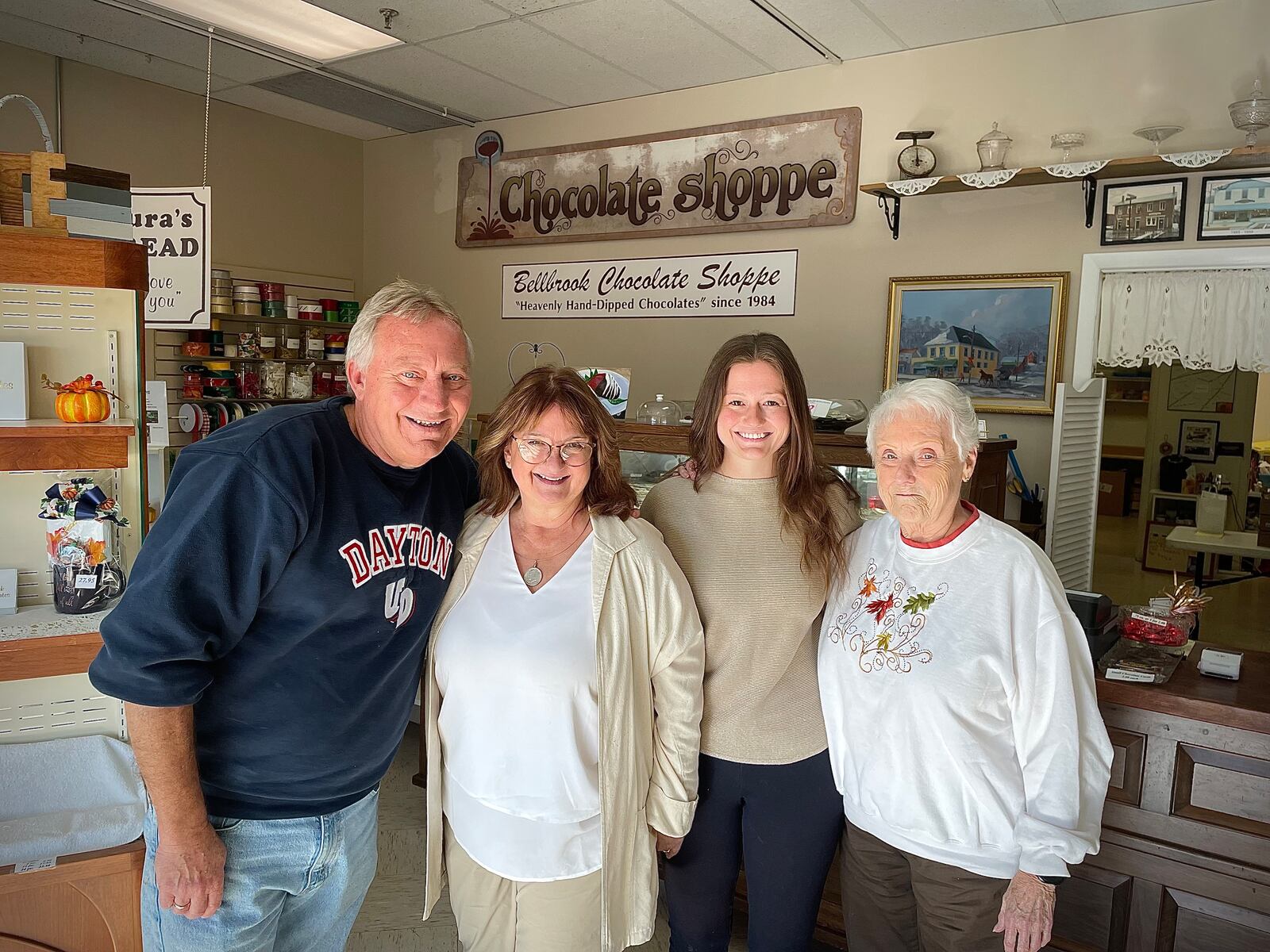 Bellbrook Chocolates is located at 101 E. Alex Bell Road, Suite 144, in Centerville’s Cross Pointe Centre. Pictured is the Blose Family, who owns the chocolate shop. Left to right is Marshall, Laura, Emily and Betty. NATALIE JONES/STAFF