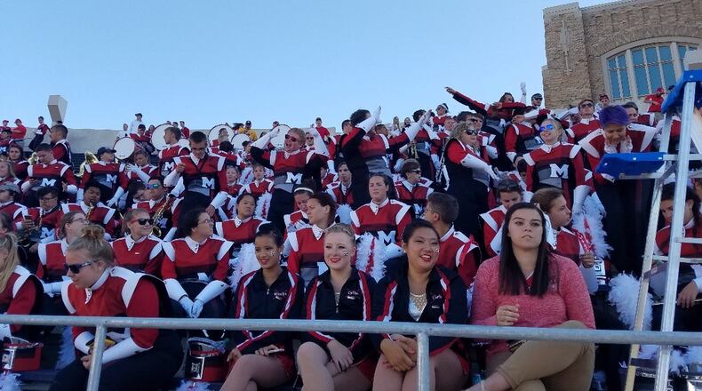 Miami University Marching Band members in the stands at Notre Dame for a game last season. BRENNEN KAUFFMAN/CONTRIBUTED